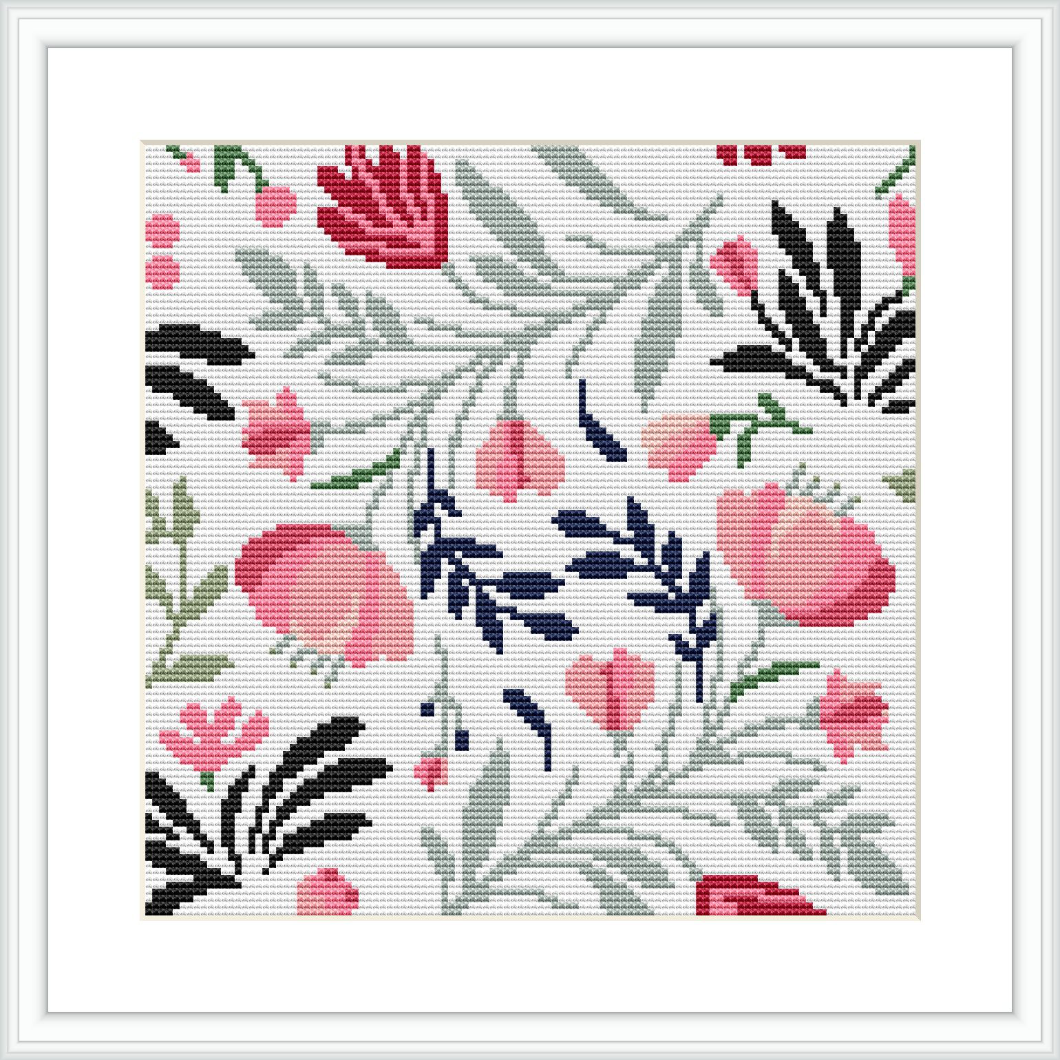 The image displays a framed cross stitch pattern. The design features pink floral motifs with black accent details, intermixed with green foliage against a white background. It is neatly stitched, showcasing a variety of colors in a vibrant and balanced composition.