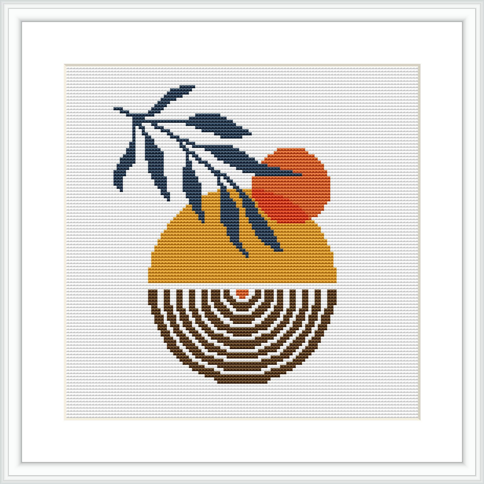The image depicts a cross stitch pattern with a stylized terracotta pot in shades of orange and brown, overlaid with circular geometric patterns, and a sprig of blue and green leaves draping over it. The background is white, and the piece is framed in a simple square black frame.