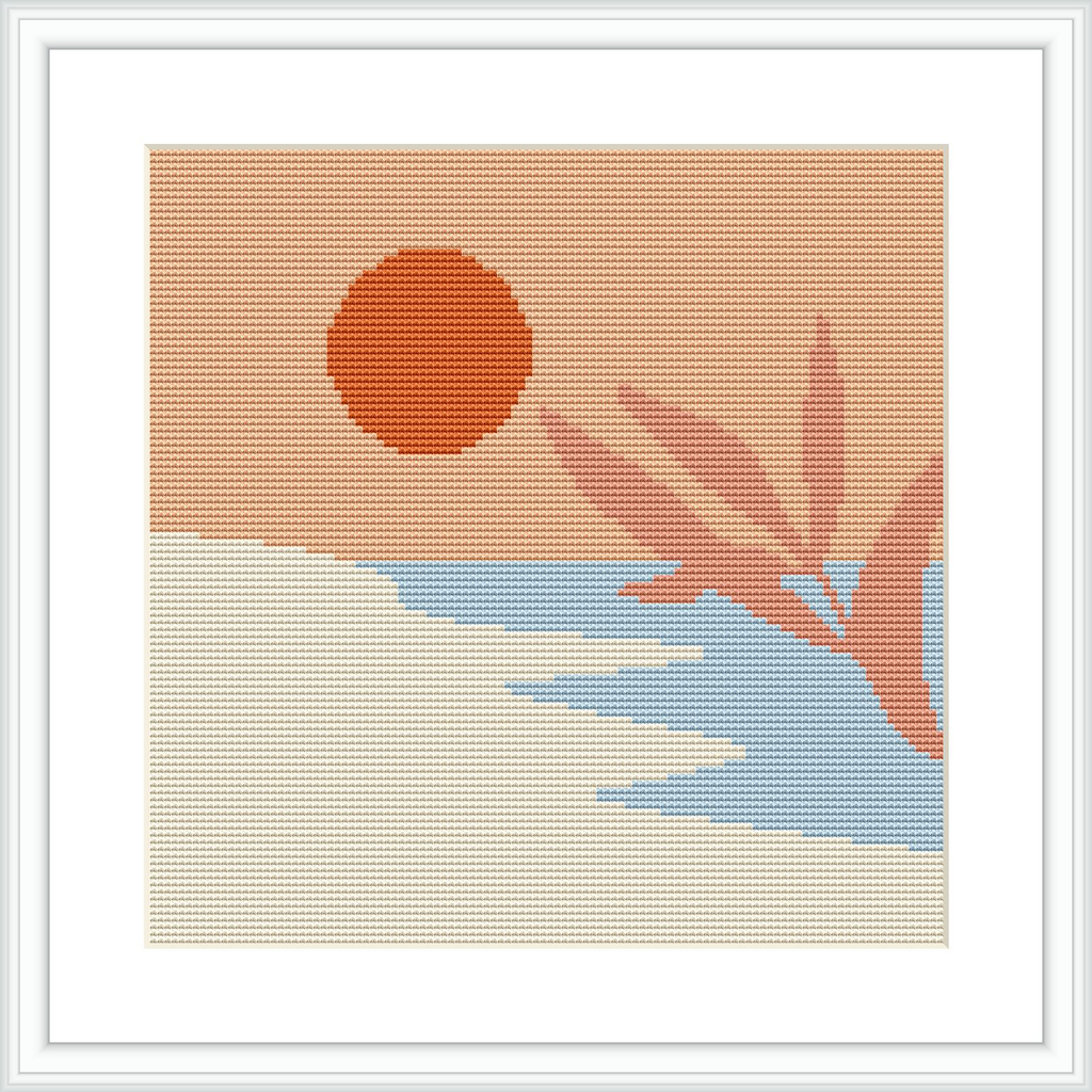 The image depicts a pink-hued sunset with a large, round sun in a pale sky, a body of water beneath reflecting light, and a simplified, stylized tree or plant on the bottom right.