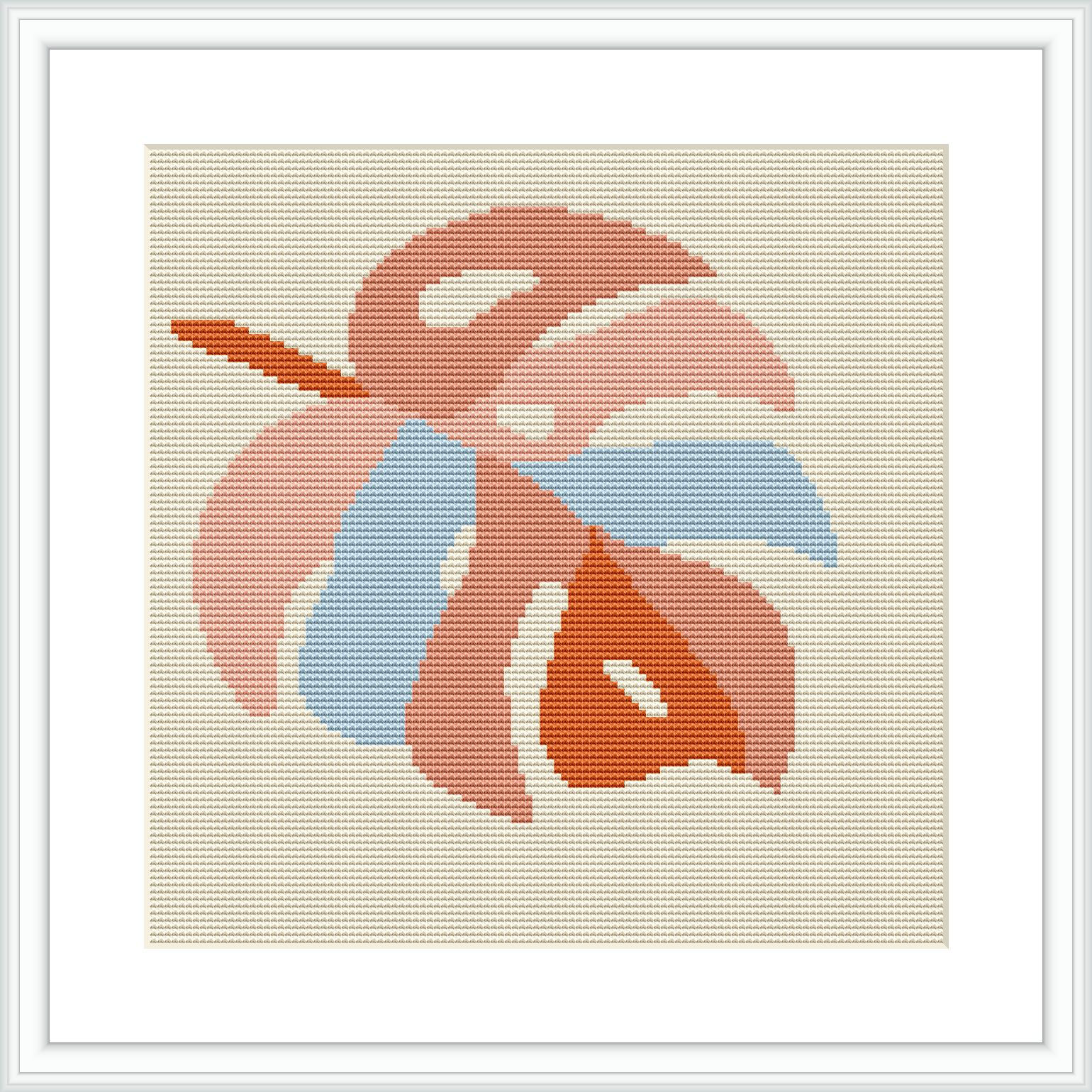 The image shows a framed cross stitch pattern featuring the stylized image of a monstera leaf. The leaf is rendered in shades of pink and blue on an ivory fabric background. The overall design is simple yet captures the essence of the tropical plant.
