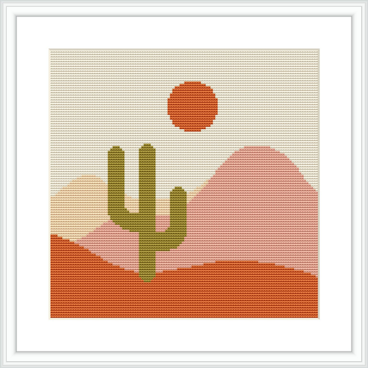 The image depicts a stylized desert scene with a large cactus in the foreground, two mountains in the midground, and a round sun against a light sky in the background.