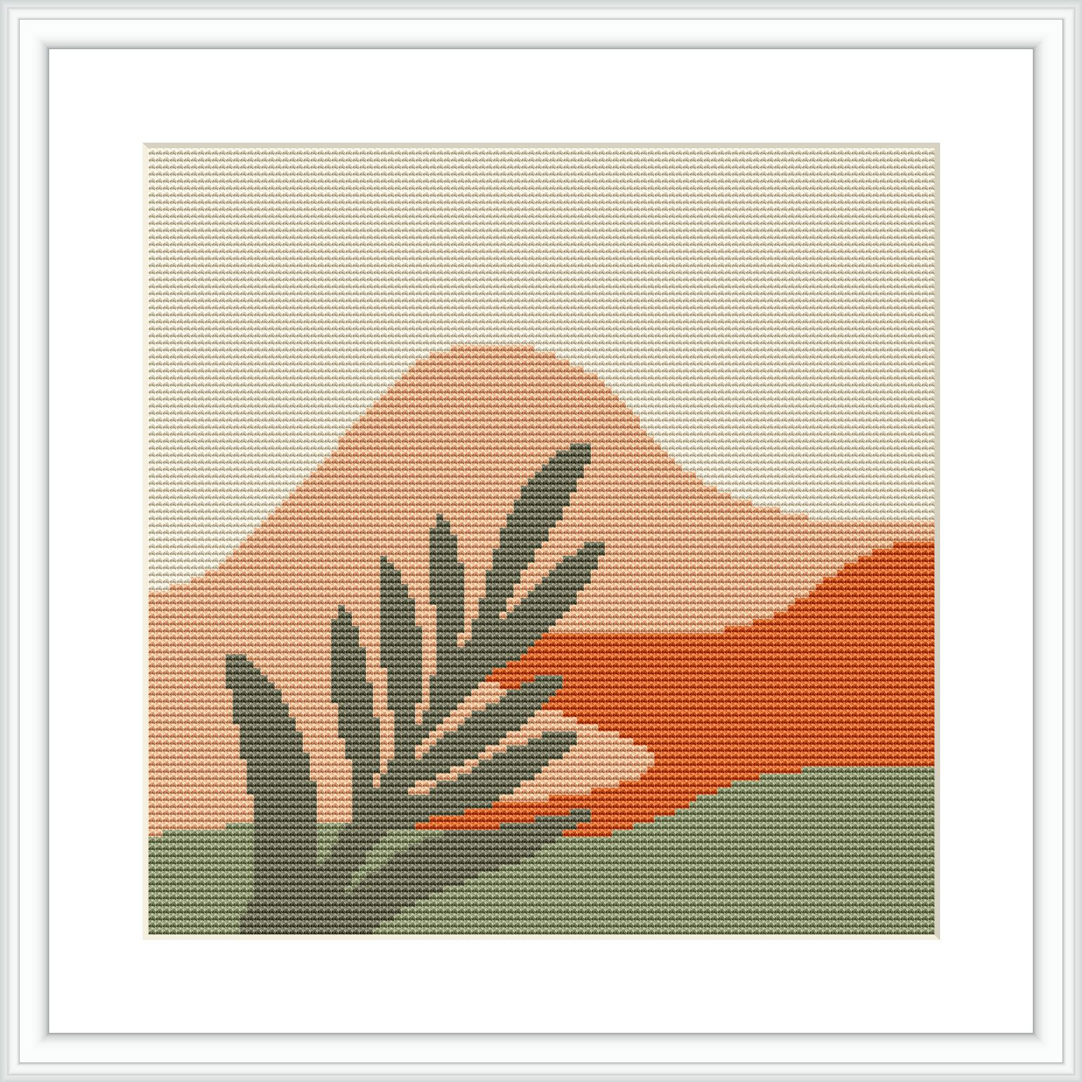 The image depicts a stylized mountain landscape, with a large, reddish mountain taking center stage. In the foreground, there's a depiction of greenery that could resemble a plant or shrub. The background is segmented into bands of color, suggestive of a sky and land.