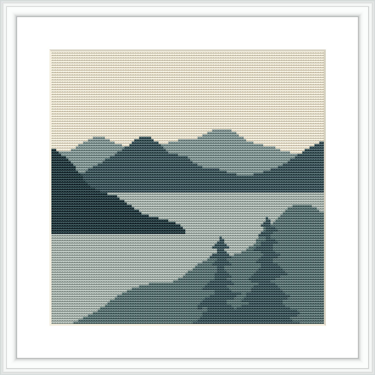 The image depicts a stylized cross stitch pattern of a mountainous landscape. In the foreground, mountains with detailed shading rise gently. A serene river meanders through the valley between the ranges. The background shows lighter hued mountain silhouettes under a plain beige sky.