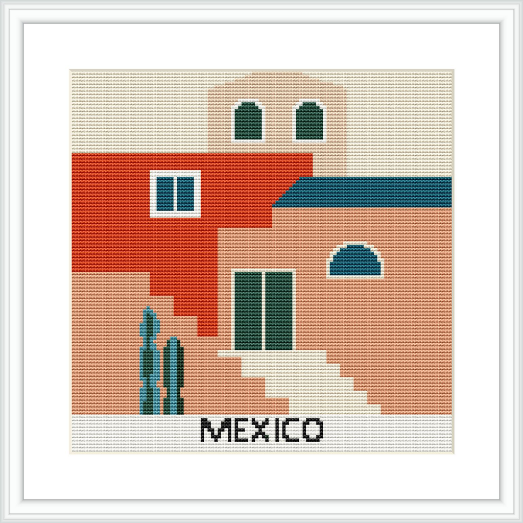 The image depicts a stylized version of a Mexican house in cross stitch form. It features a staircase leading up to the house, with the word 'MEXICO' stitched at the bottom.