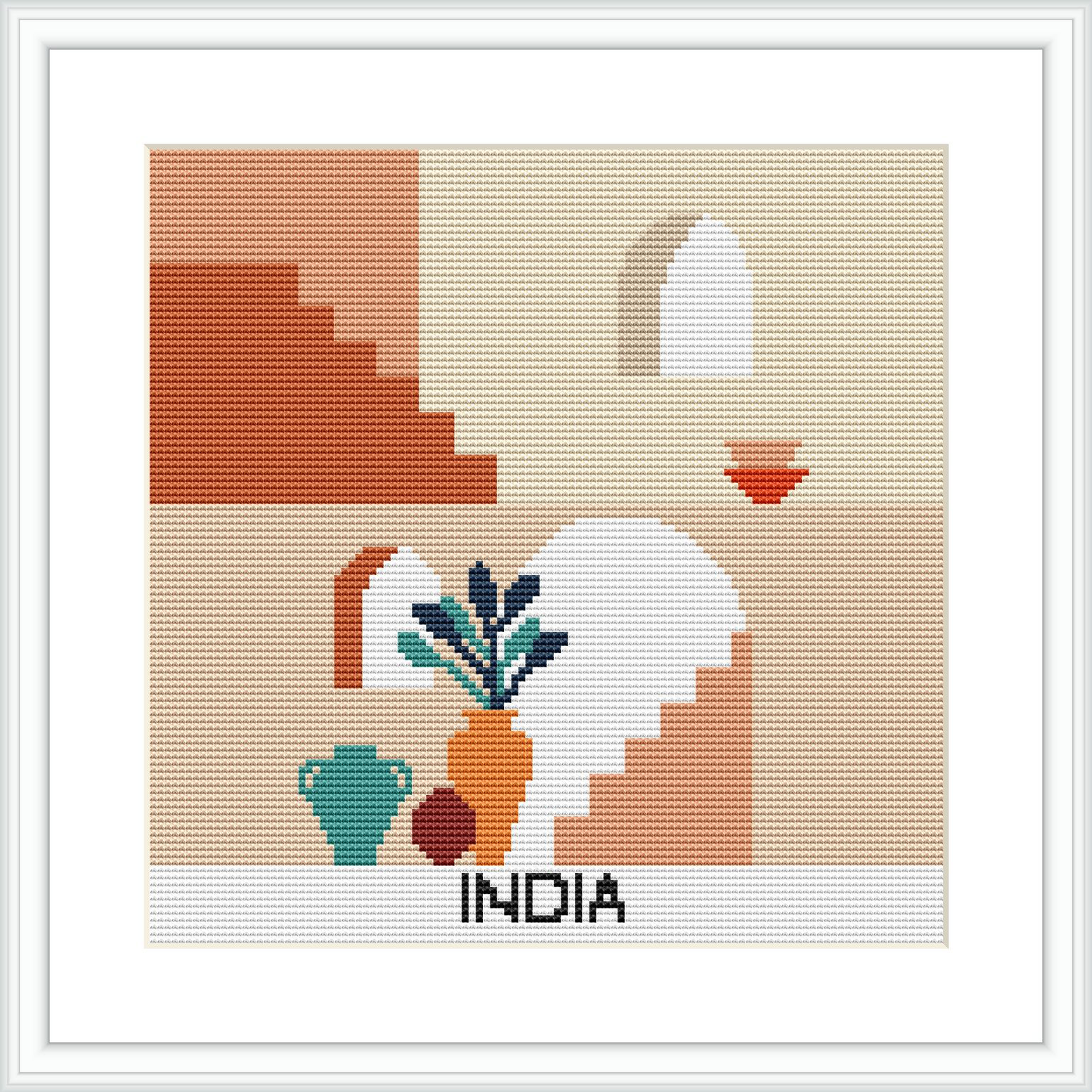 A cross stitch design depicting a stylized Indian architecture scene with a stairway, arched window, and pottery elements against a two-tone background.