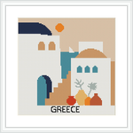 The image depicts a stylized scene of Greek architecture including a house with stairs, rounded roofs, and classic blue and white coloration. There is a depiction of the sea with a boat and a sun in the sky. Potted plants and vases are also visible.