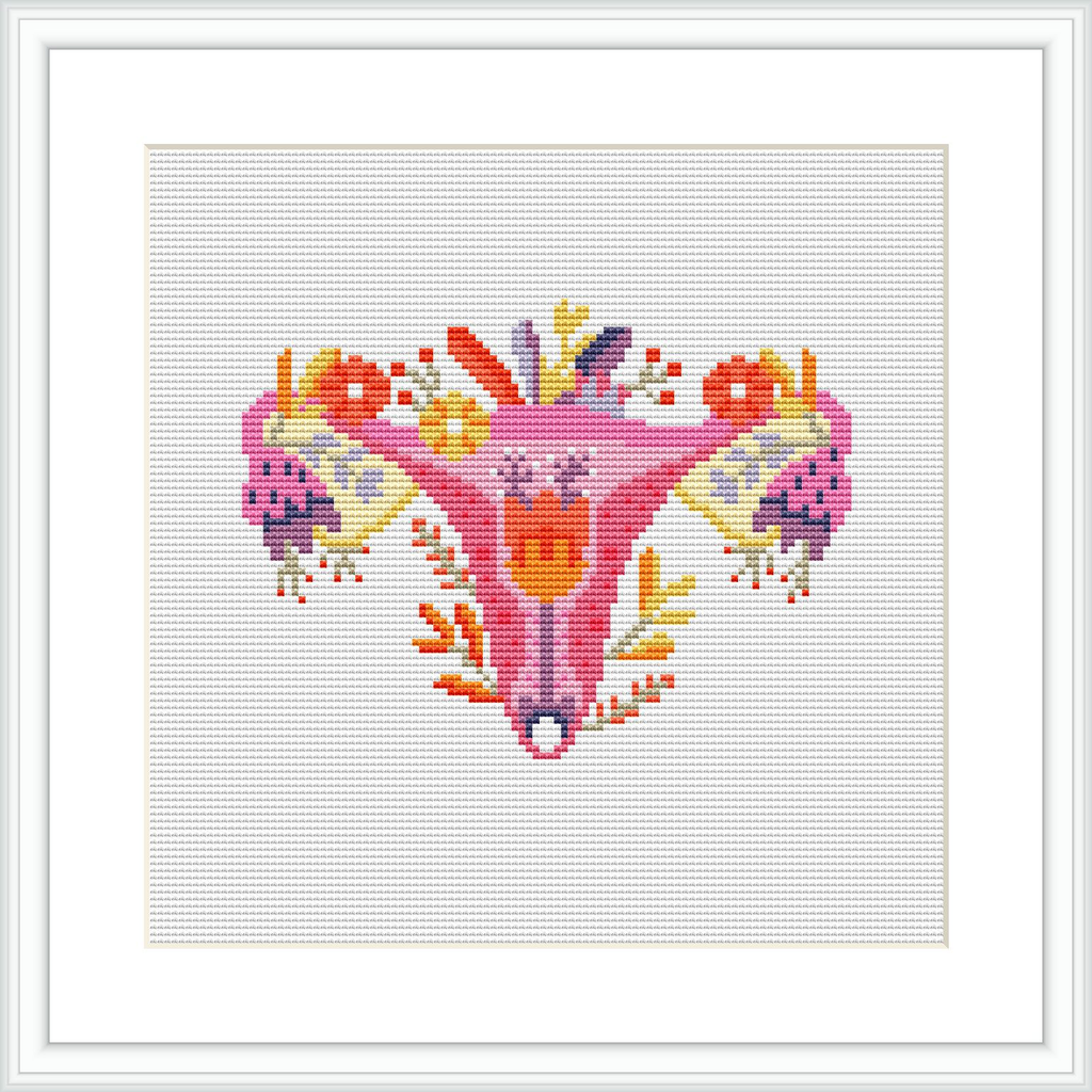 The image features a colorful cross stitch pattern depicting a stylized floral design that resembles a womb, with a mix of flowers and leaves. The design is framed and displayed on a white background.