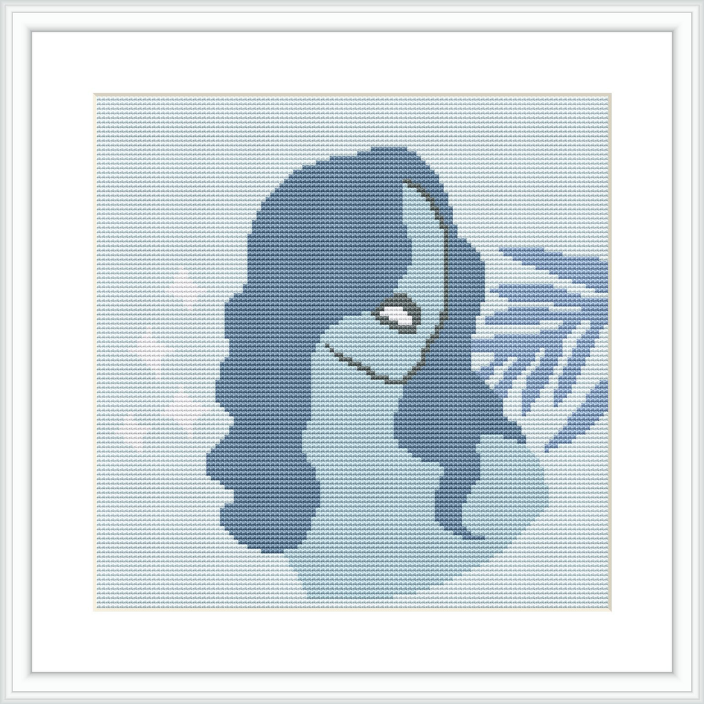 The image depicts a stylized portrait of a woman, featuring abstract and geometric elements. The main colors used are shades of blue and the design is square in shape, framed and ready to be displayed.