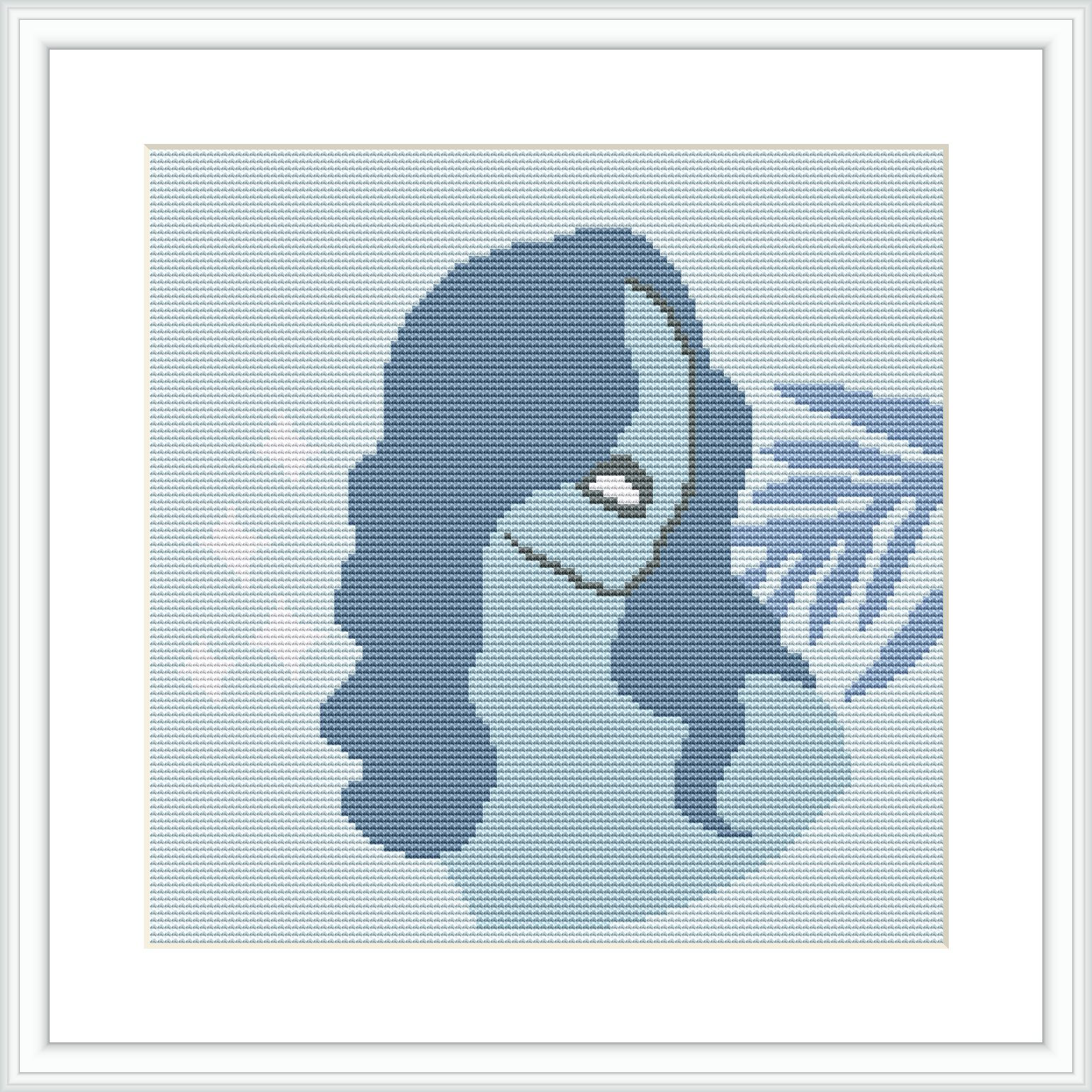 The image depicts a stylized portrait of a woman, featuring abstract and geometric elements. The main colors used are shades of blue and the design is square in shape, framed and ready to be displayed.