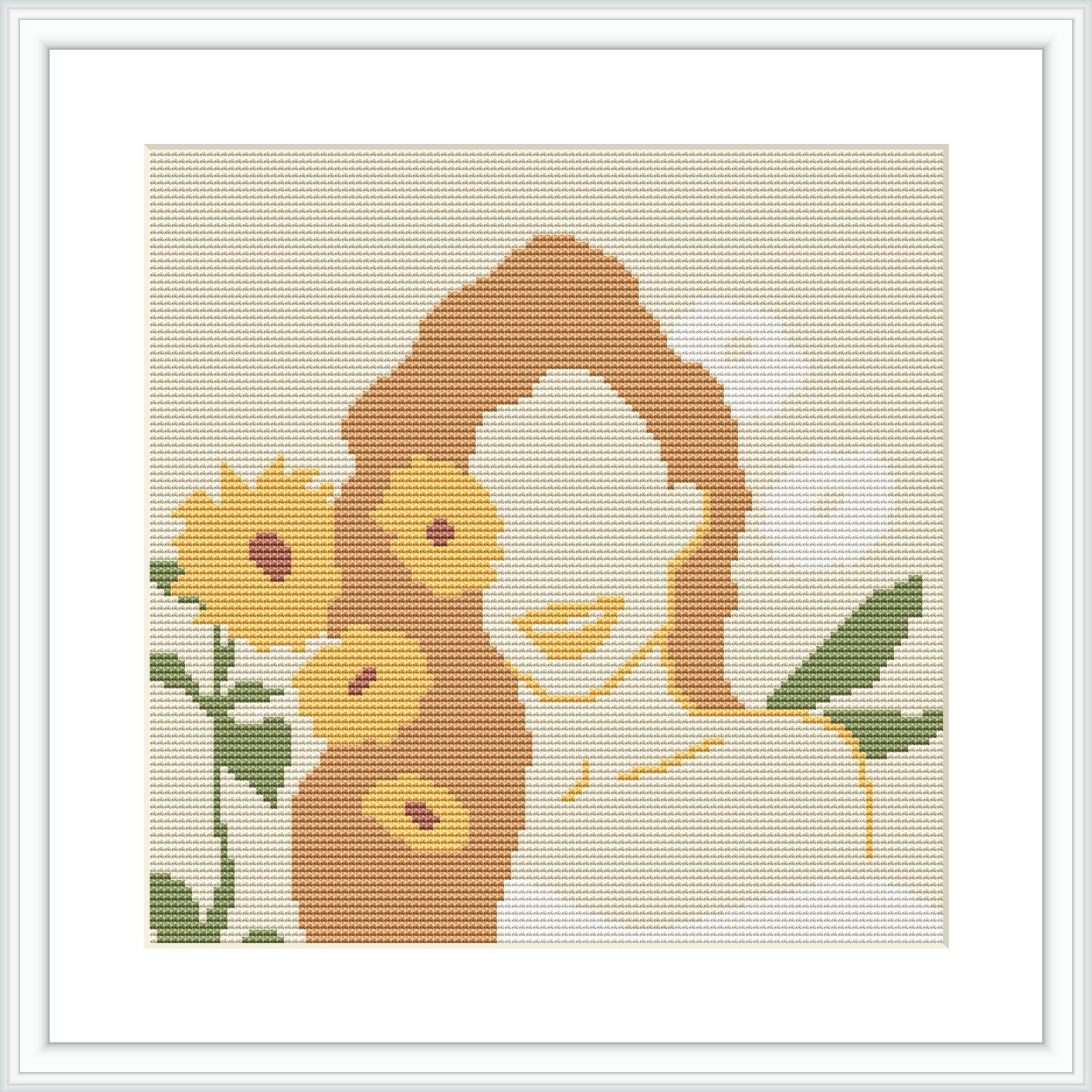The image depicts a stylized portrait of a smiling woman. Her hair is rendered in brown shades and the background in beige. To her side, there are several sunflowers with petals in yellow and centers in brown, surrounded by green leaves.