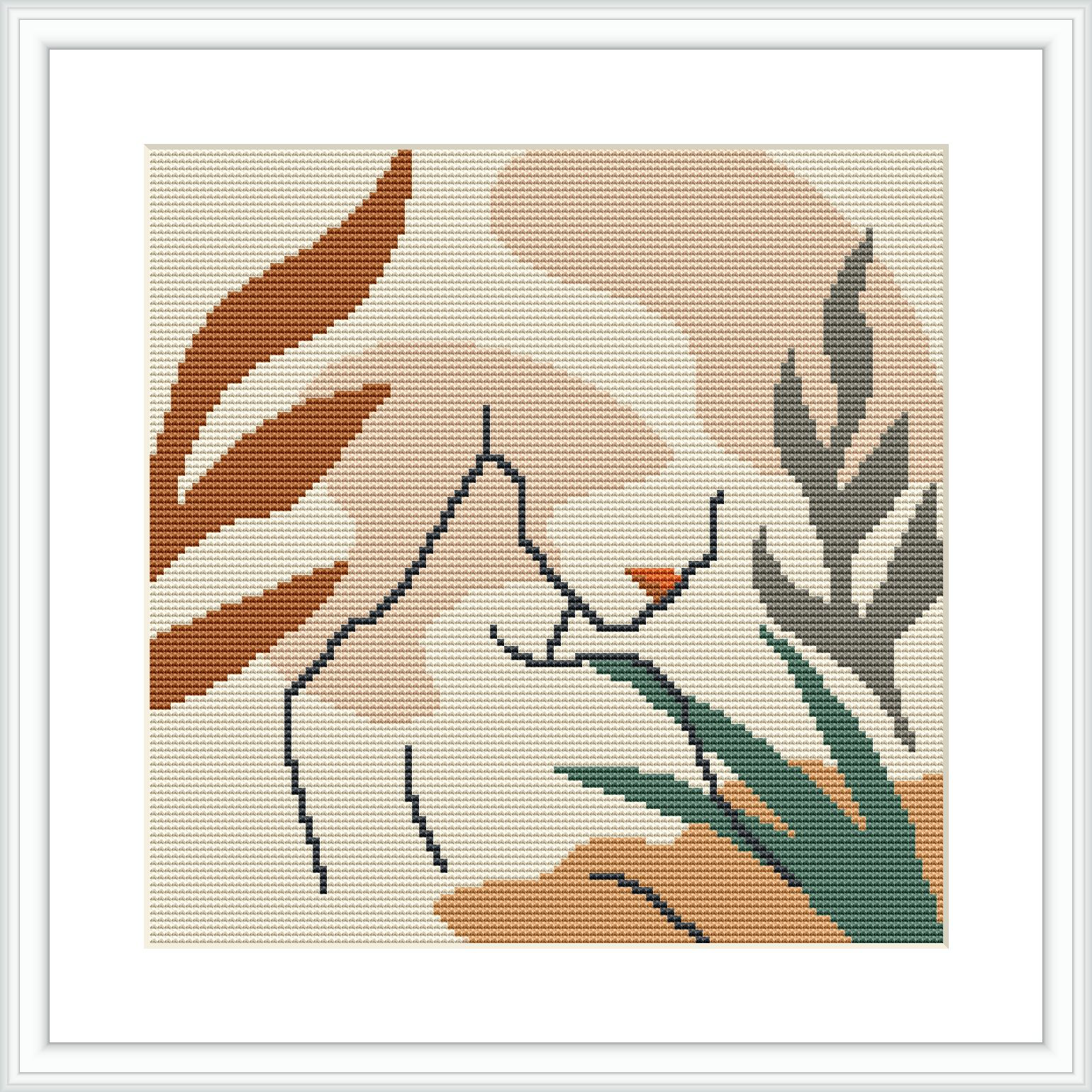 The image features a cross stitch pattern of a stylized woman tending to her plants. The woman is depicted in a minimalist style with contour lines, surrounded by an assortment of plants. Some plants are in the foreground, while the woman and others are implied in the background through the skilful use of earthy color blocks. The scene is set against a cream background, which highlights the subjects.