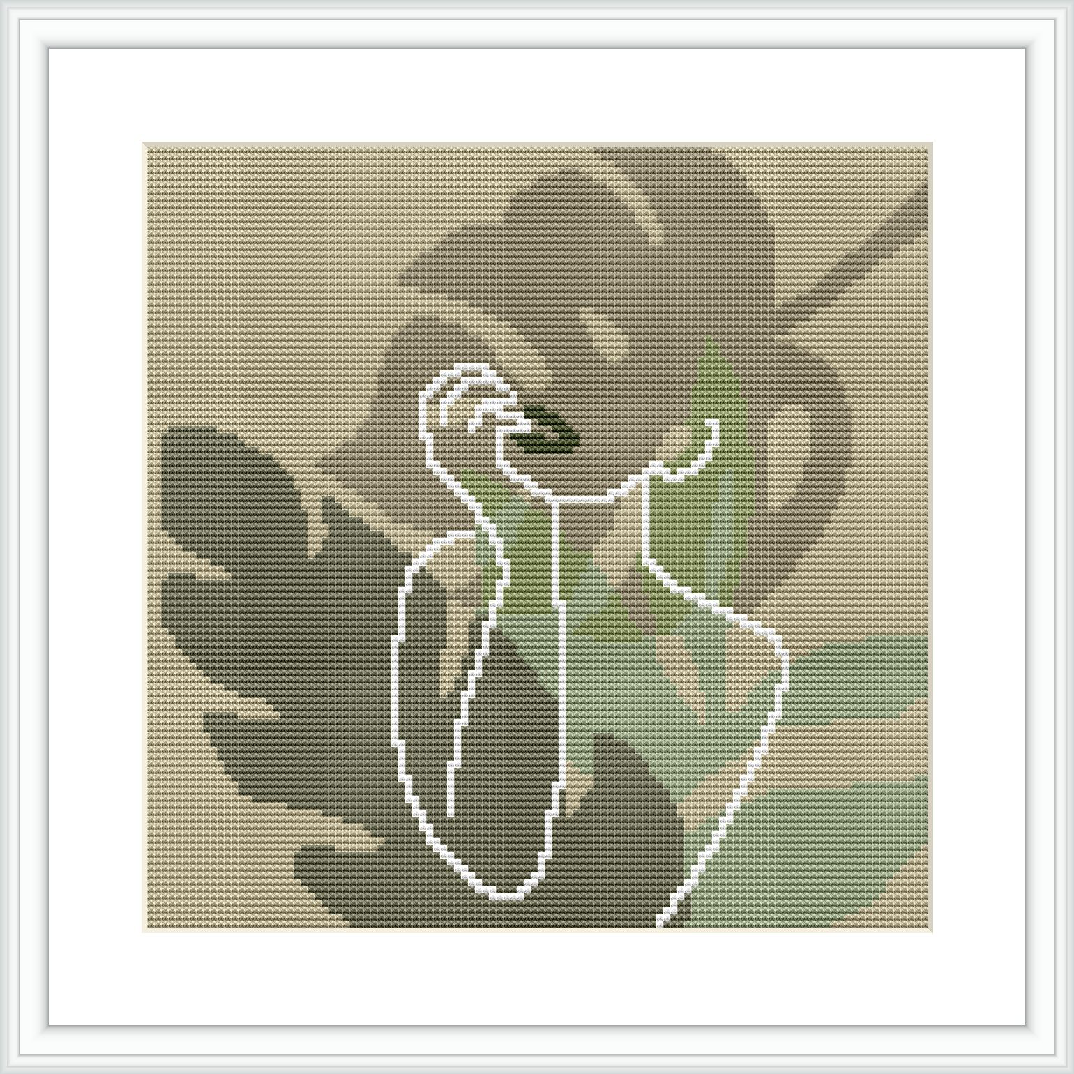 The image features a cross stitch pattern depicting a woman's silhouette blended with the leaves of a Monstera plant. The woman appears in side profile, and the leaves occupy the upper and lower sections of the frame, set against a beige background.