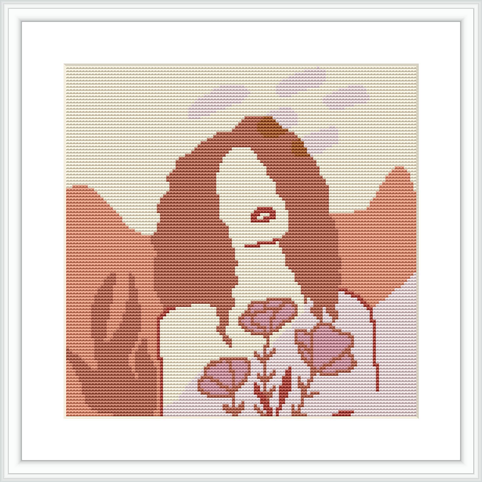 The image depicts a simplified, pixelated design of a female figure with her hair down, surrounded by stylized roses against a light background. The design is framed within a white border.