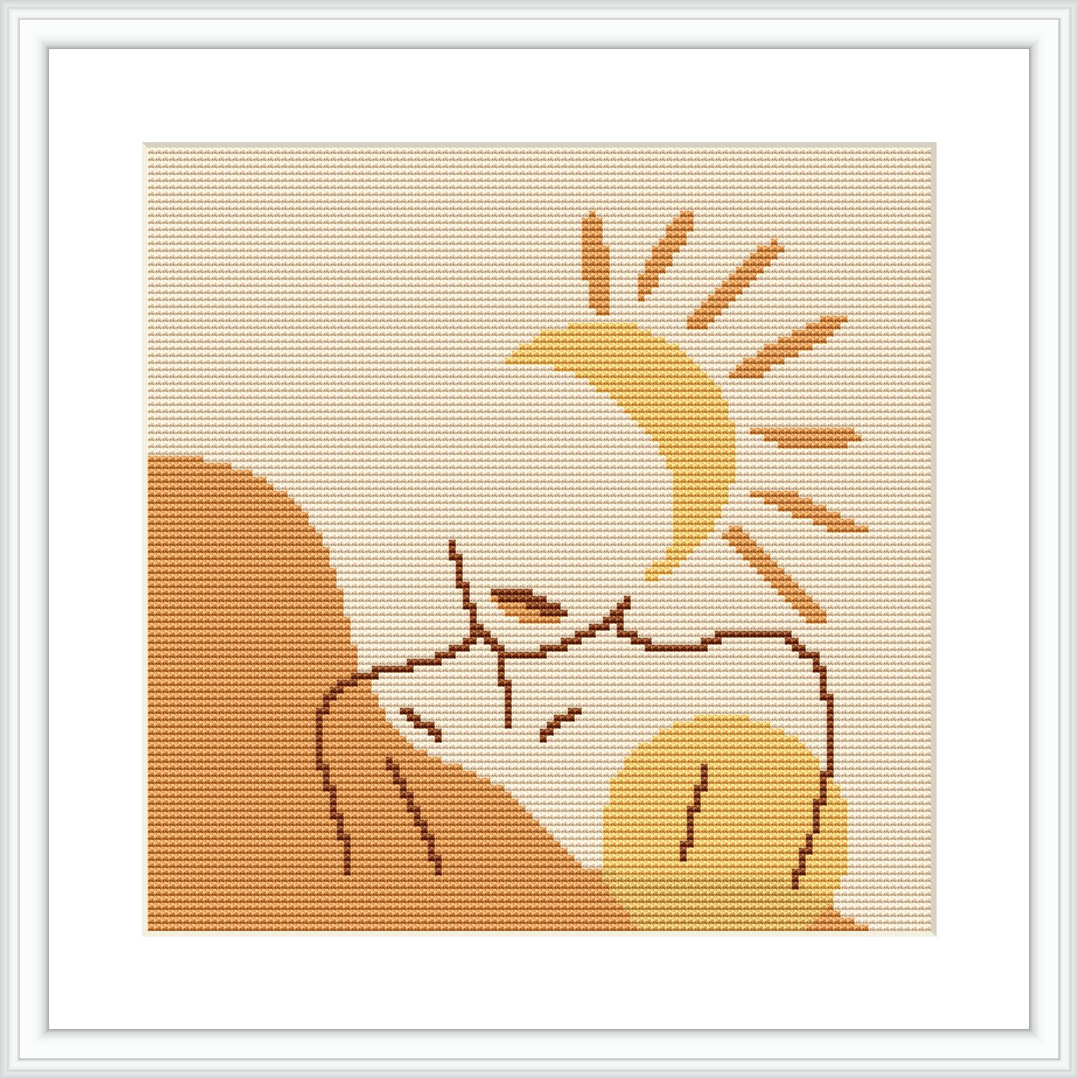 The image depicts a cross stitch pattern showing an abstract silhouette of a woman with her head tilted downwards. The background is composed of a sun with prominent rays and a gradient of beige and brown colors, resembling a sunset or sunrise.