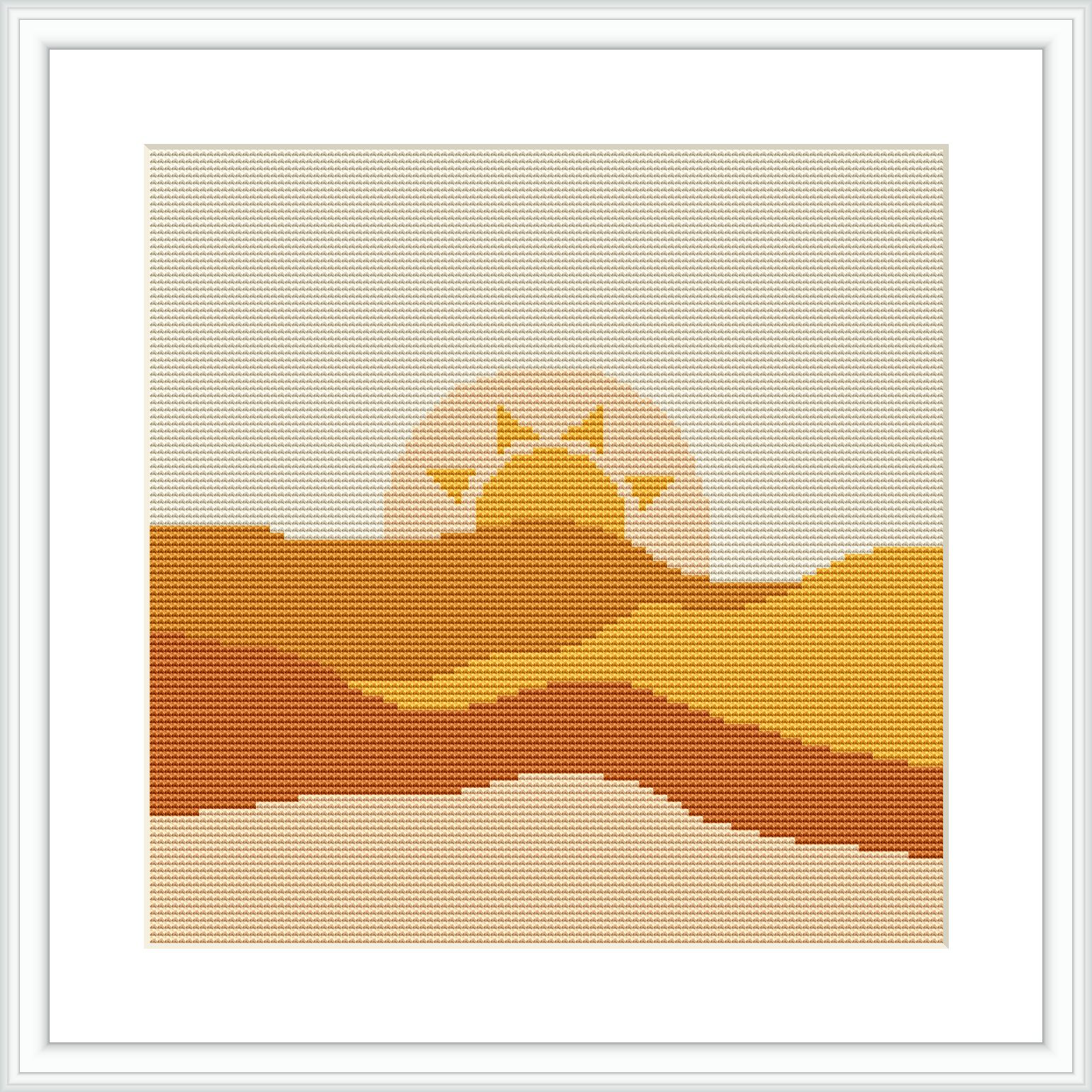 A stylized desert landscape featuring rolling dunes against a large setting sun with a clear sky.