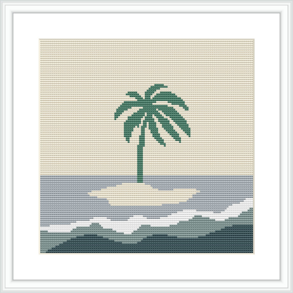 The image depicts a simple cross stitch pattern with a central palm tree on an island, surrounded by waves in various shades of blue and a beige background that suggests a sandy beach.