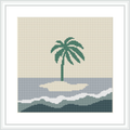 The image depicts a simple cross stitch pattern with a central palm tree on an island, surrounded by waves in various shades of blue and a beige background that suggests a sandy beach.