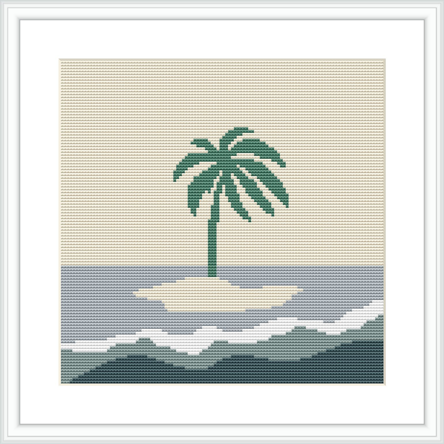The image depicts a simple cross stitch pattern with a central palm tree on an island, surrounded by waves in various shades of blue and a beige background that suggests a sandy beach.