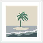 The image depicts a simple cross stitch pattern with a central palm tree on an island, surrounded by waves in various shades of blue and a beige background that suggests a sandy beach.