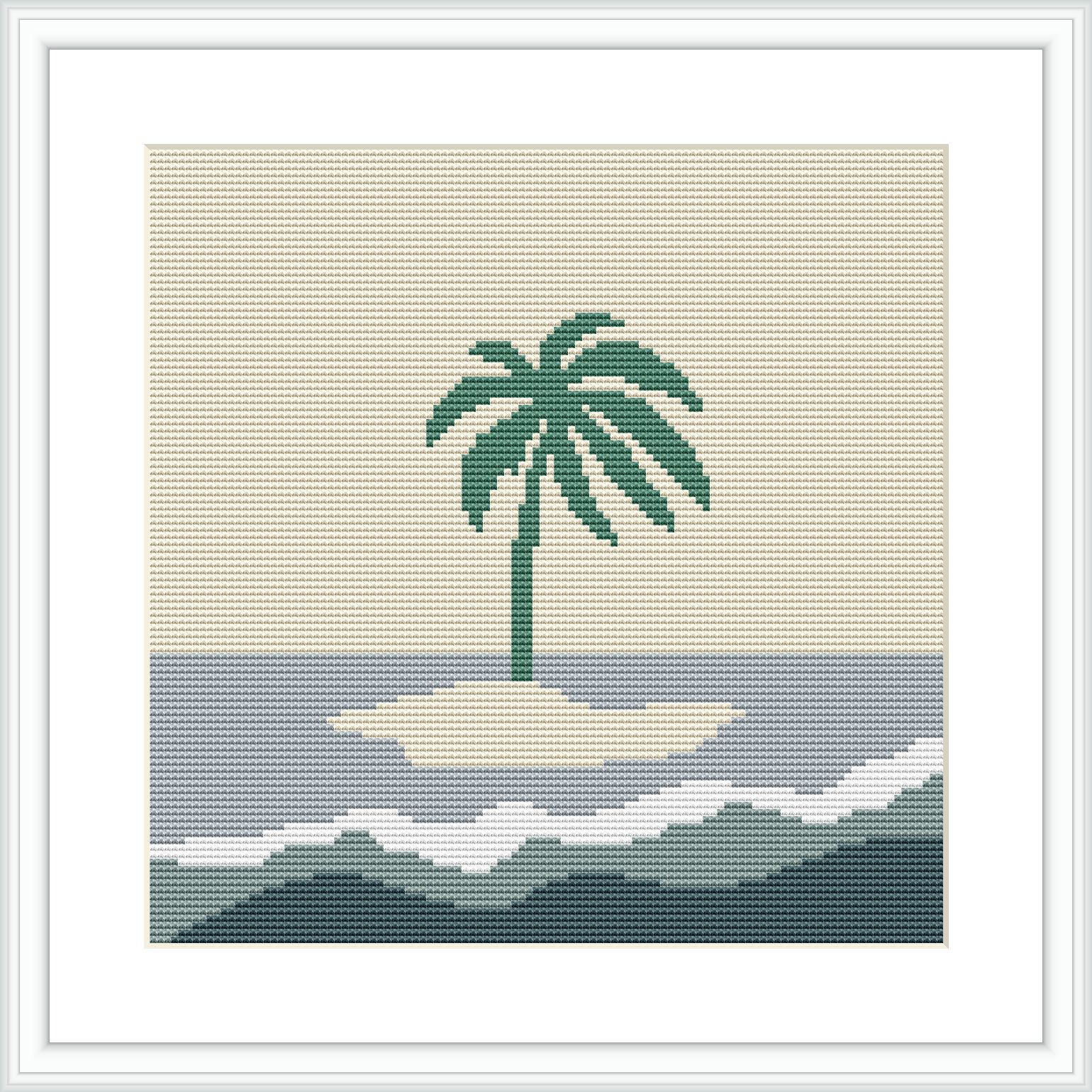 The image depicts a simple cross stitch pattern with a central palm tree on an island, surrounded by waves in various shades of blue and a beige background that suggests a sandy beach.
