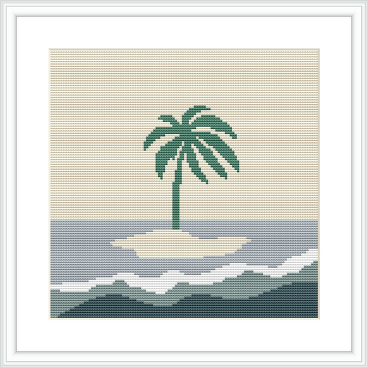 The image depicts a simple cross stitch pattern with a central palm tree on an island, surrounded by waves in various shades of blue and a beige background that suggests a sandy beach.
