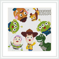 The image is a cross-stitch pattern depicting animated characters in a grid layout. The characters are portrayed with bright and colorful stitches on a white background.