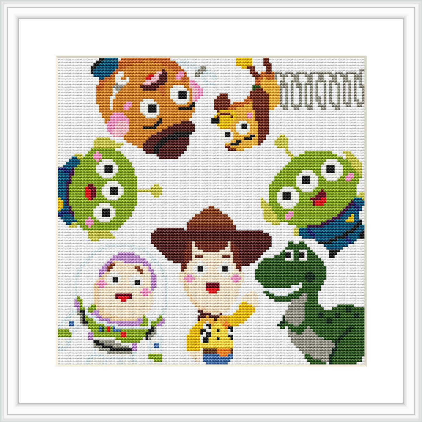 The image is a cross-stitch pattern depicting animated characters in a grid layout. The characters are portrayed with bright and colorful stitches on a white background.