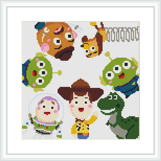 The image is a cross-stitch pattern depicting animated characters in a grid layout. The characters are portrayed with bright and colorful stitches on a white background.