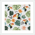 The image showcases a cross stitch pattern of toucans and various plants, including monstera leaves. The birds and plants are arranged against a white background with a scattered layout.