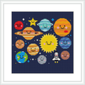 The image depicts a collection of cartoonish celestial bodies including various planets, a star, and a satellite, each with a unique, cheerful face represented in a stylized, playful manner on a navy blue background.