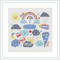 This cross stitch design features a central sun with a smiling face, surrounded by various clouds with different facial expressions, along with symbols such as raindrops, a heart, and smaller decoration elements like stars and zigzag lines. A rainbow arches above one cloud, and the word 'HELLO' is stitched at the bottom center.