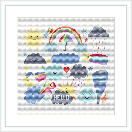 This cross stitch design features a central sun with a smiling face, surrounded by various clouds with different facial expressions, along with symbols such as raindrops, a heart, and smaller decoration elements like stars and zigzag lines. A rainbow arches above one cloud, and the word 'HELLO' is stitched at the bottom center.