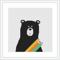 The image depicts a cross stitch pattern showcasing a black bear with a surprised expression. The bear has colorful stripes on its lower right, against a white background within a framed layout.