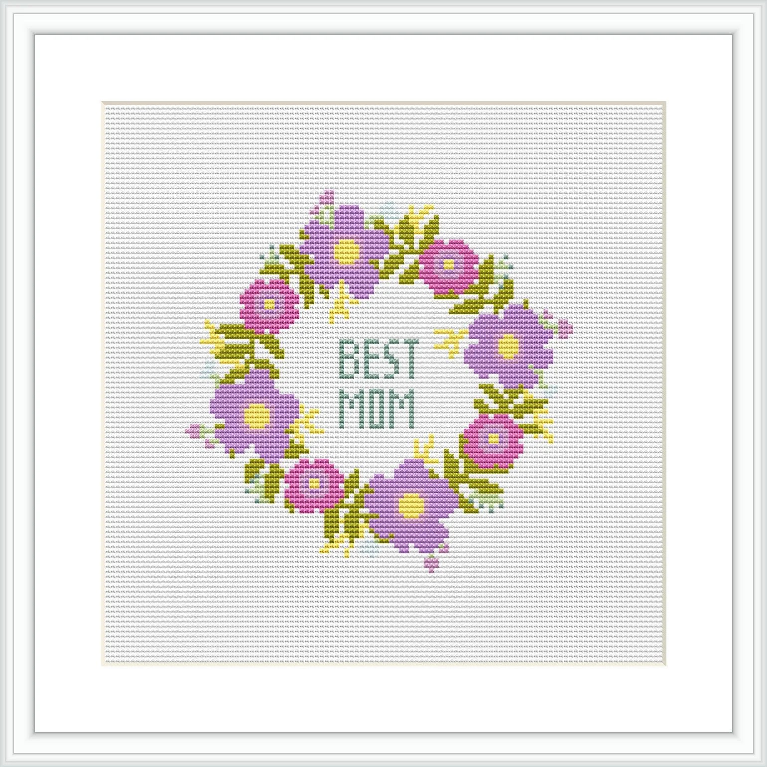 The image depicts a cross-stitch pattern with a circular floral wreath design. In the center, the words 'BEST MOM' are written in capital letters. The flowers are primarily pink and purple with green leaves and yellow accents, arranged symmetrically on a plain white background.