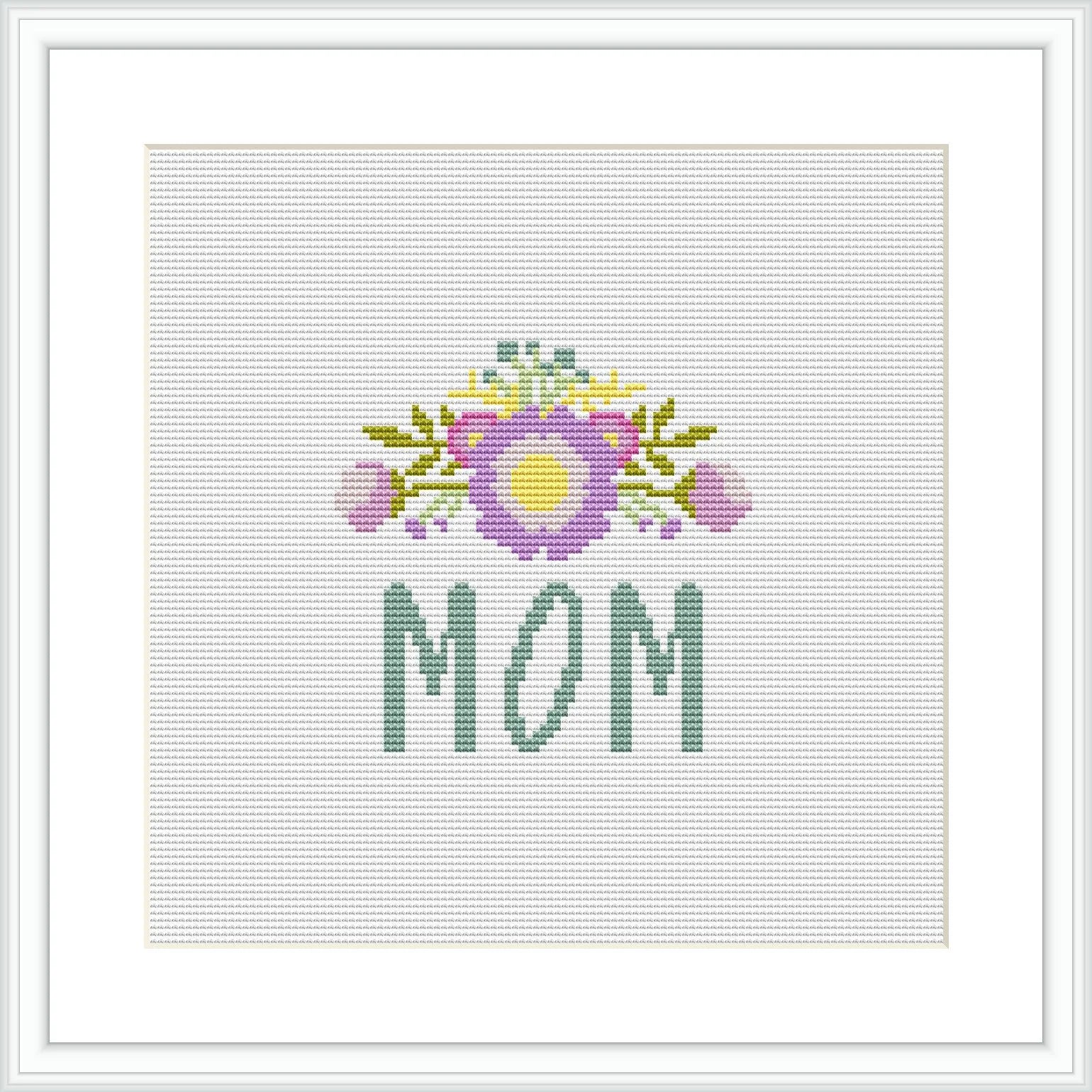 The image contains a cross stitch pattern featuring the word 'MOM' in green letters at the bottom, with a decorative floral arrangement above it showcasing a bouquet with purple and yellow accents on a white background.