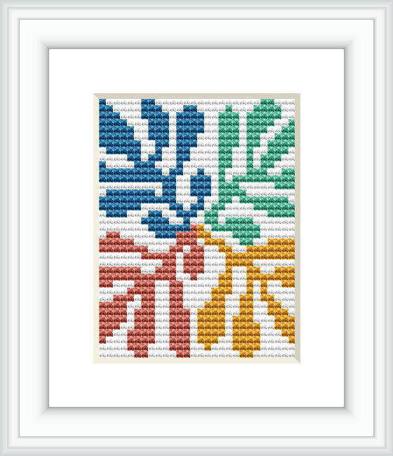 This is an image of a framed cross stitch embroidery. The pattern features abstract shapes in various colors, representing a Matisse-inspired design. It is displayed in a white square frame against a light background.