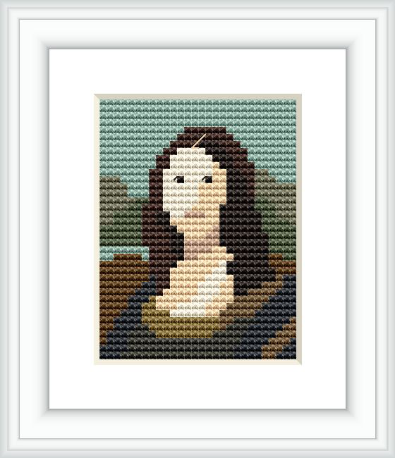 This is a framed cross stitch pattern resembling Leonardo da Vinci's Mona Lisa with pixelated details representing her face and upper body against a background landscape.