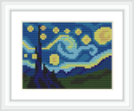 The image shows a framed cross stitch pattern of Van Gogh's 'Starry Night', depicting a night sky with swirls, stars, a crescent moon, a small village, and a cypress tree.