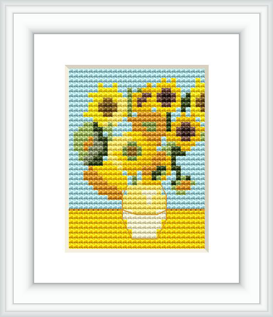 The image displays a framed cross stitch pattern of Van Gogh's 'The Sunflower' on a white background. There are sunflowers in varying shades of yellow and brown placed in a greenish vase, with blue background accents.