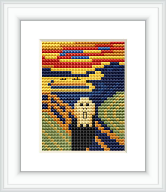 A framed cross stitch depiction of 'The Scream' by Edvard Munch. The design, laid out on a grid, features the central figure with an agonized expression against a swirling backdrop, with predominant shades of blue, red, and yellow.