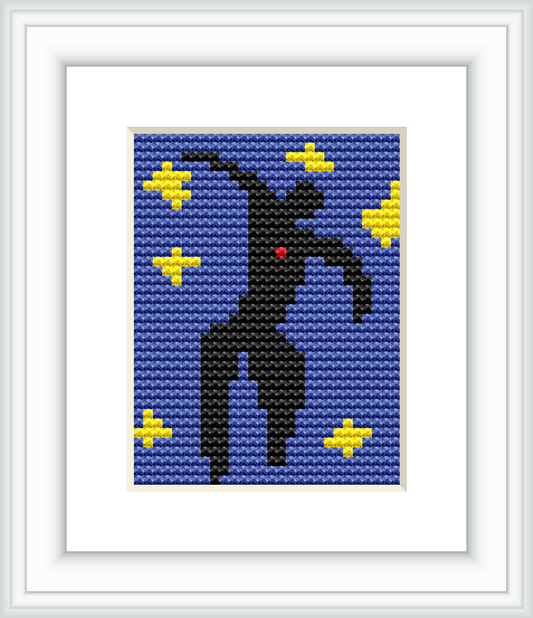 The image is a framed cross stitch pattern depicting an abstract silhouette of a figure resembling Icarus with arms raised, surrounded by yellow stars on a navy blue background.