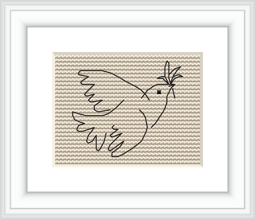 The image depicts a framed cross stitch embroidery of a simplified dove in outline form on a beige, textured background.