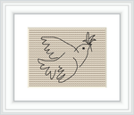 The image depicts a framed cross stitch embroidery of a simplified dove in outline form on a beige, textured background.