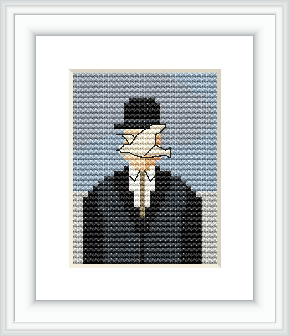 The cross stitch pattern presents a figure wearing a bowler hat and suit, with a flying dove in place of where the face should be, set against a sky blue background.