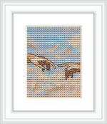 The image shows a cross stitch pattern framed in white depicting two hands nearly touching, mimicking Michelangelo's 'The Creation of Adam'. The background consists of various pastel colors approximating the appearance of clouds or sky.