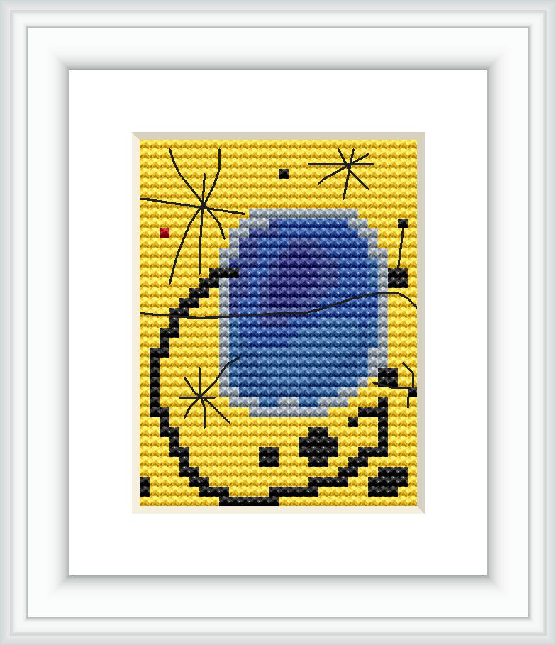 The image features a framed cross stitch pattern depicting an abstract design inspired by Joan Miró's art. The design includes geometric shapes using primarily yellow, blue, and black colors, with small accents of white and red.