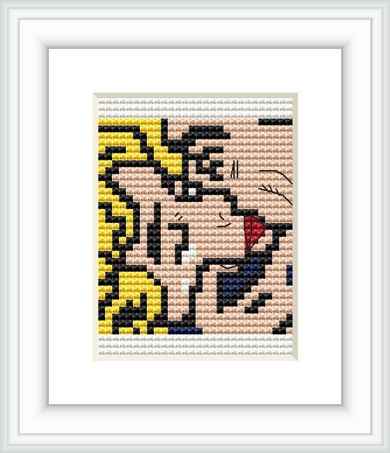 The cross stitch pattern depicts a stylized scene of a couple kissing, with the use of bold lines and primary colors reminiscent of comic book art.