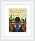 The design depicts a person from the back wearing a sombrero and traditional garb, holding two baskets presumably filled with flowers, set against a background of green and yellow, possibly representing vegetation under a bright sky.