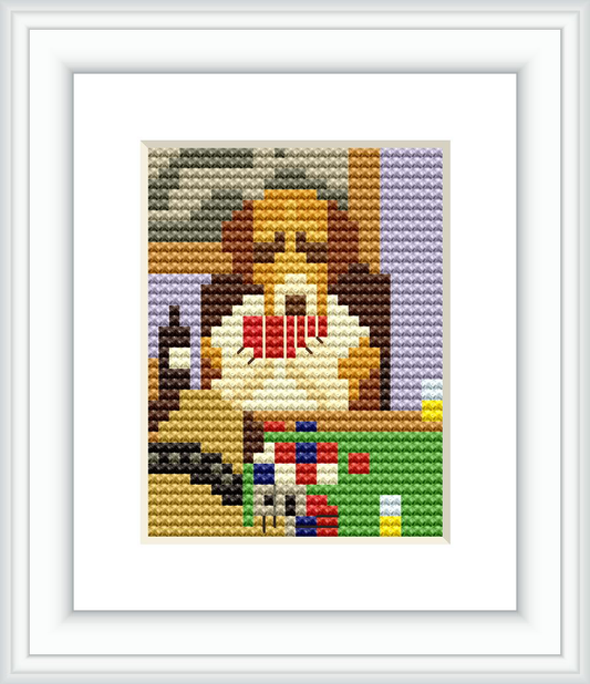 The image is a cross stitch pattern resembling a dog sitting at a table, surrounded by poker chips and playing cards, against a backdrop of muted colors and a purple wall.