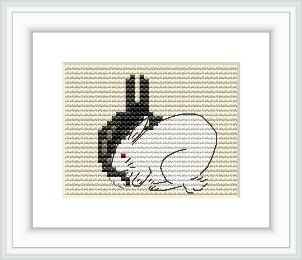 The image depicts two rabbits, one black and one white, on a beige background. The rabbits are shown in profile, and it appears to be a cross stitch pattern of the artwork.